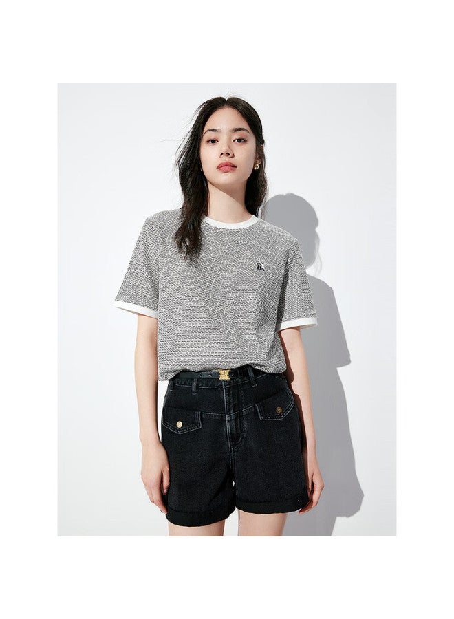 Waxbird Peacebird Women's Chanel-style T-shirt, Short-sleeved, Straight-leg, Loose-fit, Round Neck, Contrasting Color Knit Top, Black, L - Image 3