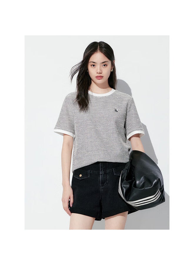 Waxbird Peacebird Women's Chanel-style T-shirt, Short-sleeved, Straight-leg, Loose-fit, Round Neck, Contrasting Color Knit Top, Black, L - Image 1