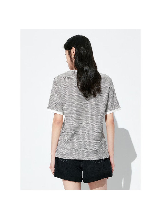 Waxbird Peacebird Women's Chanel-style T-shirt, Short-sleeved, Straight-leg, Loose-fit, Round Neck, Contrasting Color Knit Top, Black, L - Image 2