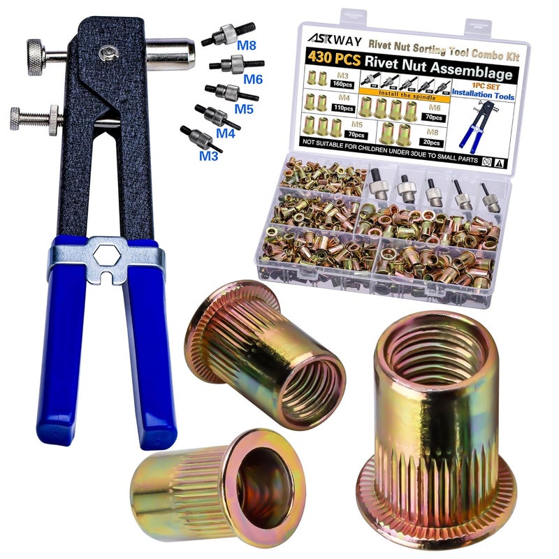 AskWay Store Pressure Rivet Nut Tool Kit, 430Pcs Metric Rivet Nut Combination (M8/M6/M5/M4/M3), Suitable for Furniture, Decoration, Automotive, Marine and Industrial Applications - Image 1