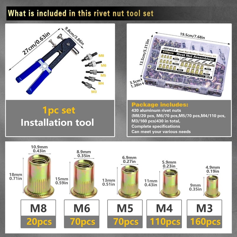 AskWay Store Pressure Rivet Nut Tool Kit, 430Pcs Metric Rivet Nut Combination (M8/M6/M5/M4/M3), Suitable for Furniture, Decoration, Automotive, Marine and Industrial Applications - Image 3