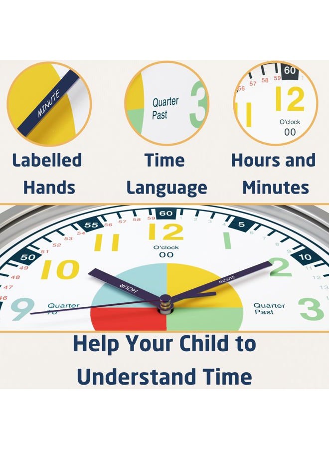OWLCONIC Telling Time Teaching Clock. Kids Room, Playroom DÃƒ©cor Analog Silent Wall Clock. Great Visual Learning Clock Time Resource. Perfect Educational Tool for Homeschool, Classroom, Teachers and Parents. - Image 2