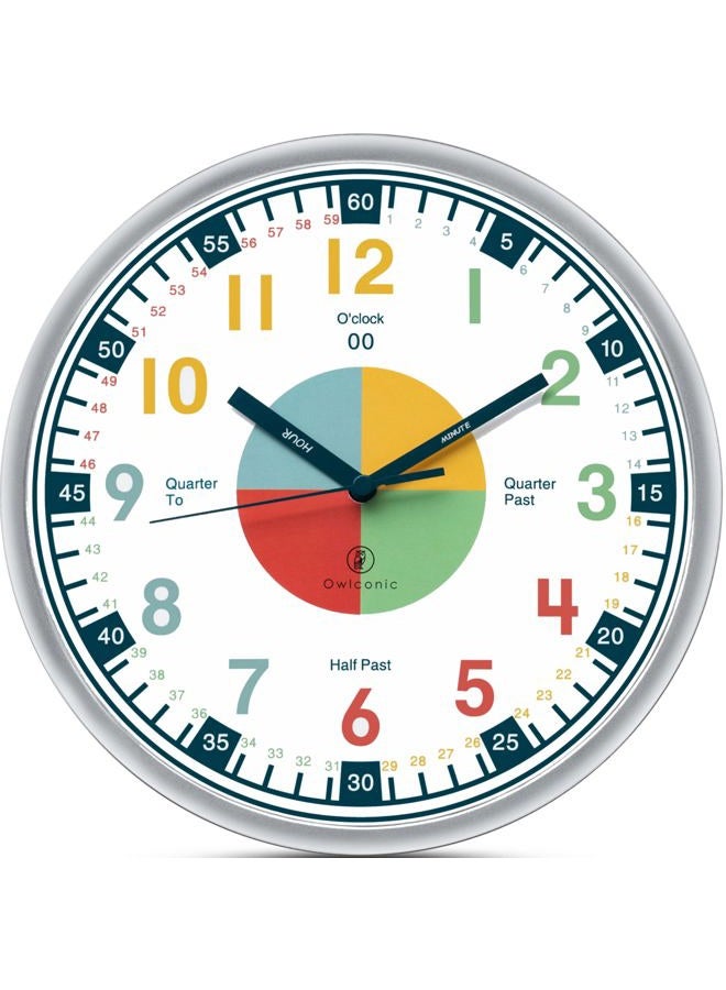 OWLCONIC Telling Time Teaching Clock. Kids Room, Playroom DÃƒ©cor Analog Silent Wall Clock. Great Visual Learning Clock Time Resource. Perfect Educational Tool for Homeschool, Classroom, Teachers and Parents. - Image 1