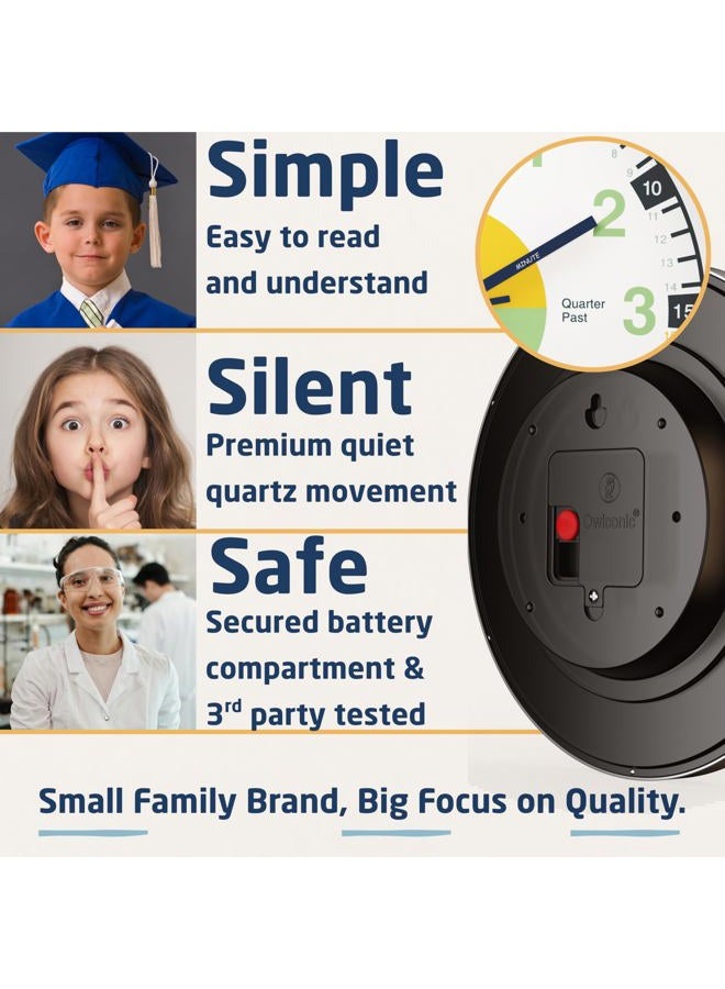 OWLCONIC Telling Time Teaching Clock. Kids Room, Playroom DÃƒ©cor Analog Silent Wall Clock. Great Visual Learning Clock Time Resource. Perfect Educational Tool for Homeschool, Classroom, Teachers and Parents. - Image 4