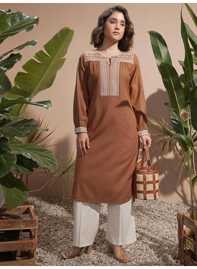 Vishudh Women's Kurta  brown  | Regular Fit | Trendy Ethnic  Top for Everyday Comfort Cotton Blend   (L) - Image 5