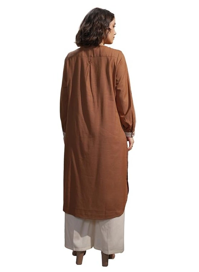 Vishudh Women's Kurta  brown  | Regular Fit | Trendy Ethnic  Top for Everyday Comfort Cotton Blend   (L) - Image 3