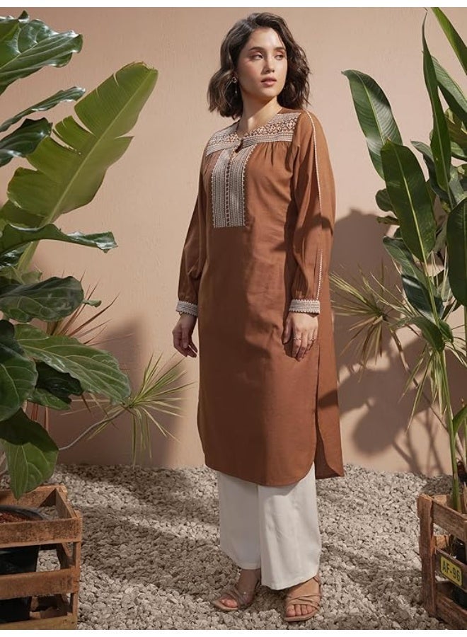 Vishudh Women's Kurta  brown  | Regular Fit | Trendy Ethnic  Top for Everyday Comfort Cotton Blend   (L) - Image 2