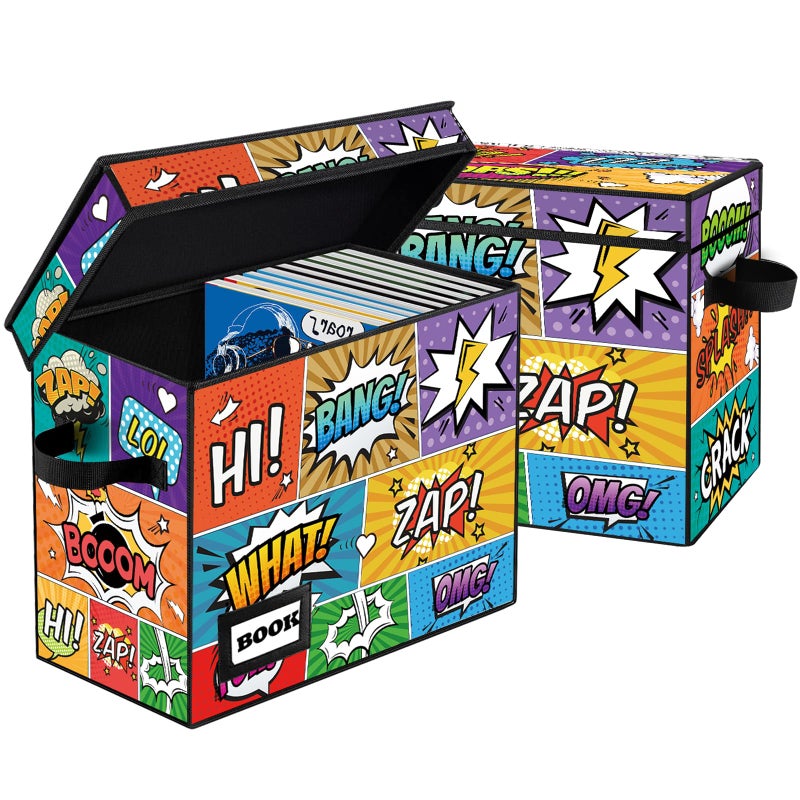 YNSZAS 2 Pack Comic Book Storage, Comic Book Box, 15.8" X 7.8" X 11.8", Collapsible Comic Short Box, Holds 160-180 Comic Book, Heavy Duty Comic Book Bin Container Holder Shelf(Cartoon Colorful) - Image 1