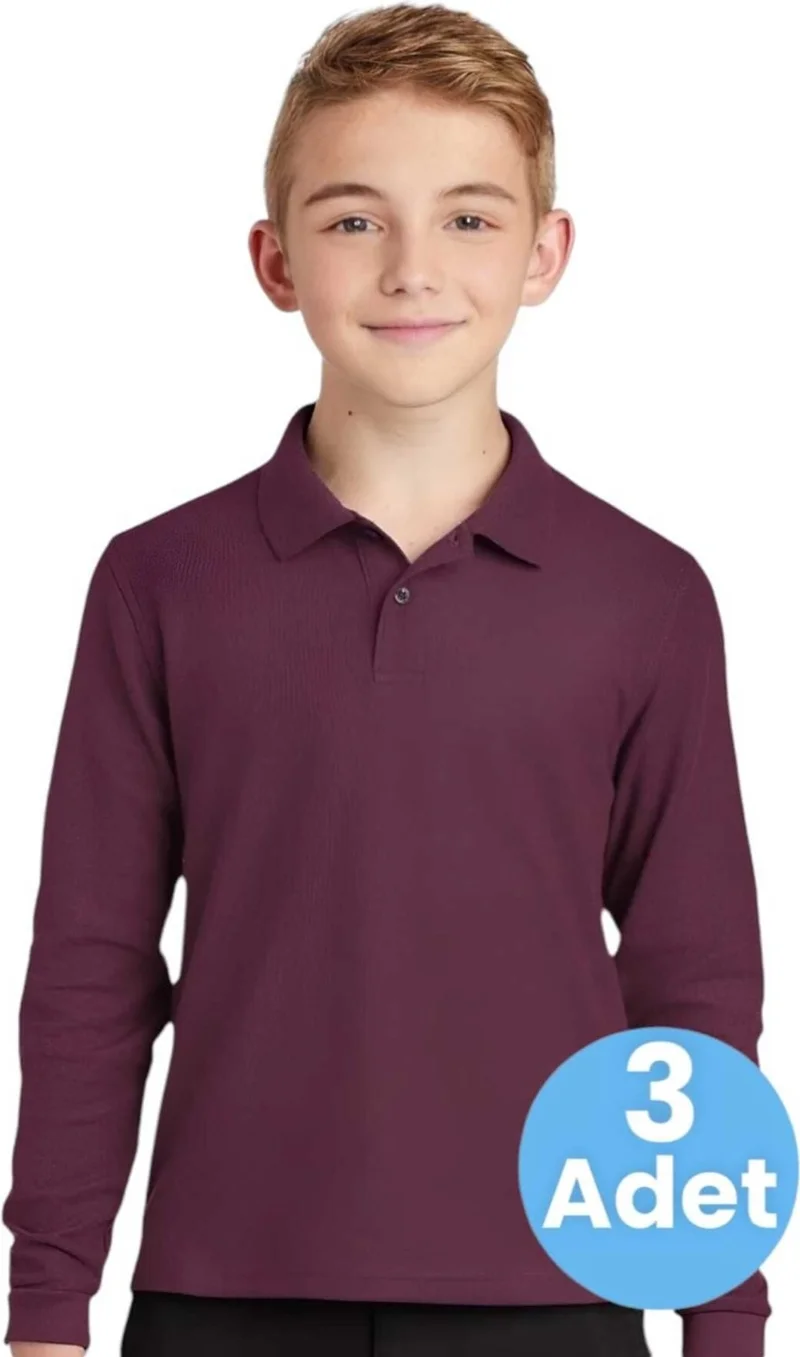 Tezzgelsin 3-Piece Boy Long Sleeve Cotton Polo Neck T-Shirt Daily and School Uniform School T-Shirt