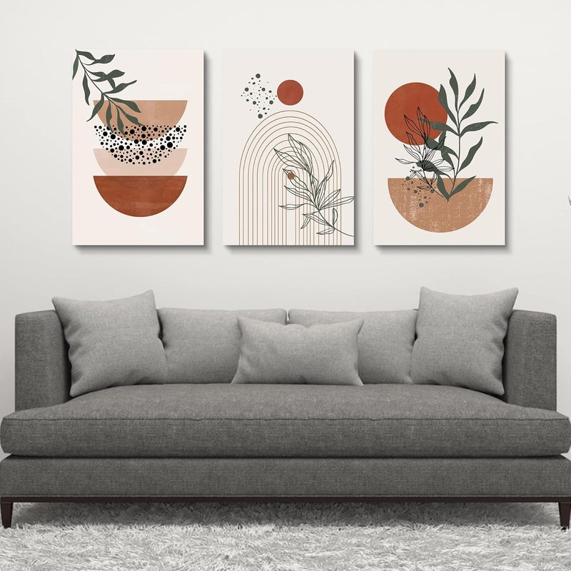 YongArt Boho Wall Art Prints, Boho Wall Decor, Mid Century Modern Wall Art, Set of 3 Prints, Abstract Geometric Prints Black Beige Terracotta Minimalist Art, Natural Framed Canvas Prints Artwork For Living Room - Image 3