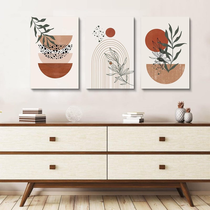 YongArt Boho Wall Art Prints, Boho Wall Decor, Mid Century Modern Wall Art, Set of 3 Prints, Abstract Geometric Prints Black Beige Terracotta Minimalist Art, Natural Framed Canvas Prints Artwork For Living Room - Image 4