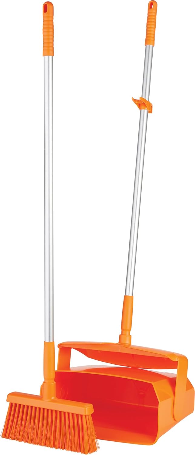 Vikan Remco  A Vikan Company 62507 Lobby Dustpan with Broom PolypropylenePolyesterAluminum 7 X 14 Bin 37 Handle Orange  - Image 1