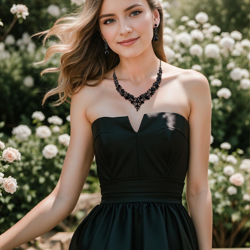 BriLove Wedding Bridal Jewelry Set for Women Austrian Crystal Teardrop Cluster Statement Necklace Dangle Earrings Black Black-Silver-Tone - Image 4