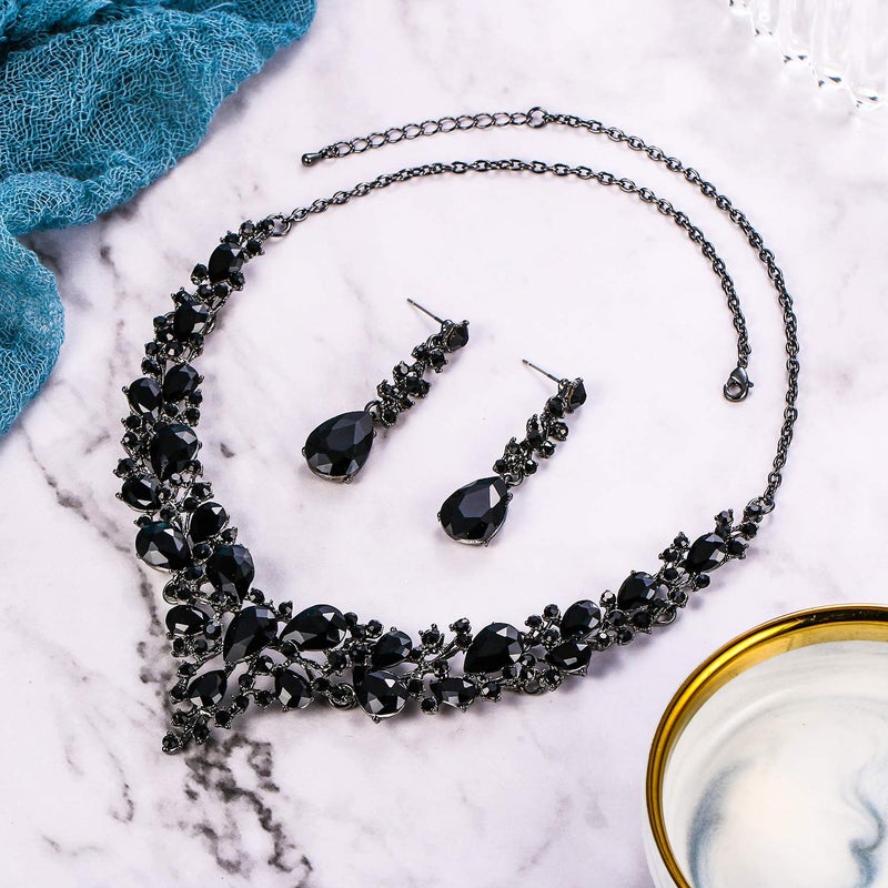 BriLove Wedding Bridal Jewelry Set for Women Austrian Crystal Teardrop Cluster Statement Necklace Dangle Earrings Black Black-Silver-Tone - Image 5
