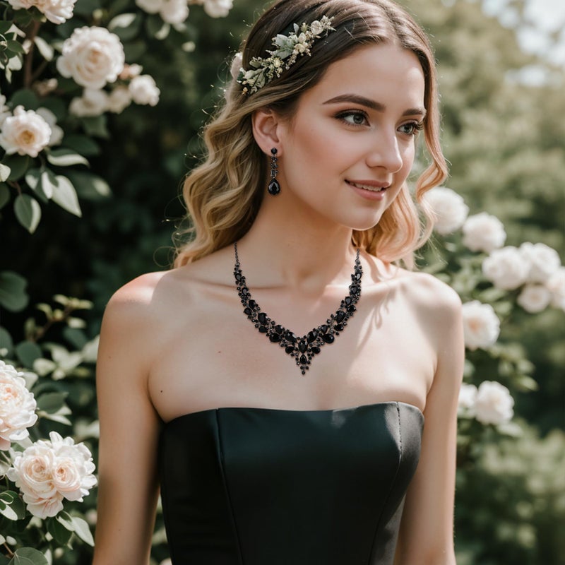 BriLove Wedding Bridal Jewelry Set for Women Austrian Crystal Teardrop Cluster Statement Necklace Dangle Earrings Black Black-Silver-Tone - Image 2