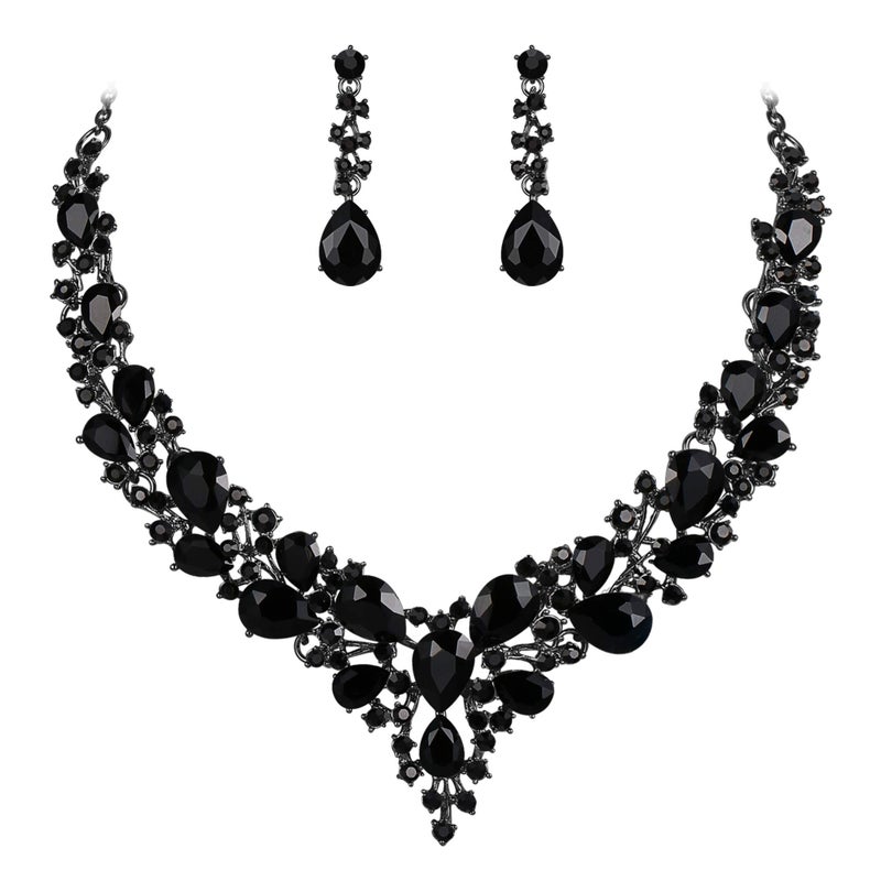 BriLove Wedding Bridal Jewelry Set for Women Austrian Crystal Teardrop Cluster Statement Necklace Dangle Earrings Black Black-Silver-Tone - Image 1