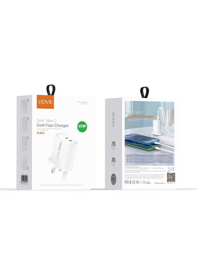 فيديفي شاحن حائط سريع VIDVIE PLB161 بقوة 45 واط GaN مع منفذين Type-C – يدعم PD/PPS - Image 1