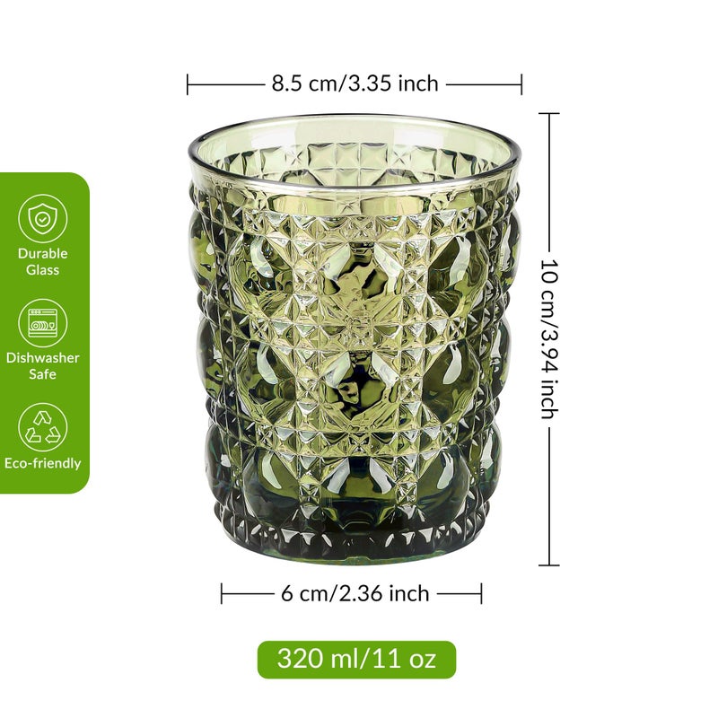 Joeyan Vintage Small Drinking Glasses,Green Embossed Colored Gemstone Water Glass Tumbler,Cocktail Juice Whiskey Milk Wine Glassware Cups,11 oz,Set of 6,Dishwasher Safe - Image 2