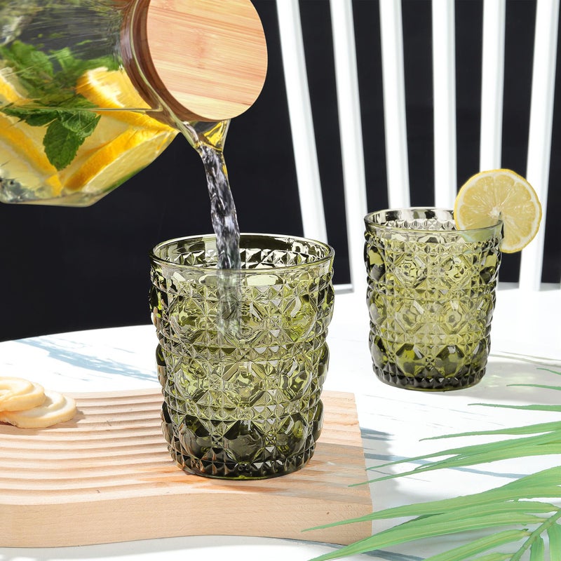 Joeyan Vintage Small Drinking Glasses,Green Embossed Colored Gemstone Water Glass Tumbler,Cocktail Juice Whiskey Milk Wine Glassware Cups,11 oz,Set of 6,Dishwasher Safe - Image 5