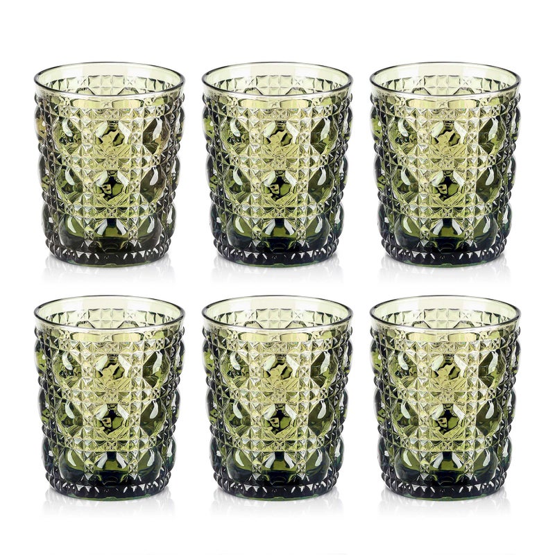 Joeyan Vintage Small Drinking Glasses,Green Embossed Colored Gemstone Water Glass Tumbler,Cocktail Juice Whiskey Milk Wine Glassware Cups,11 oz,Set of 6,Dishwasher Safe - Image 1