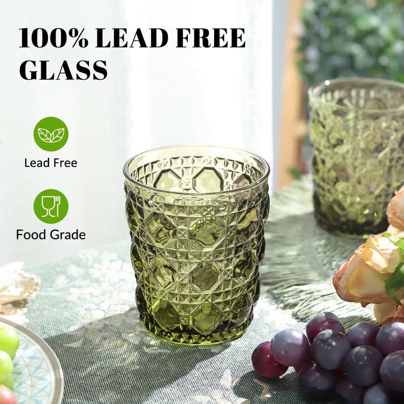 Joeyan Vintage Small Drinking Glasses,Green Embossed Colored Gemstone Water Glass Tumbler,Cocktail Juice Whiskey Milk Wine Glassware Cups,11 oz,Set of 6,Dishwasher Safe - Image 4