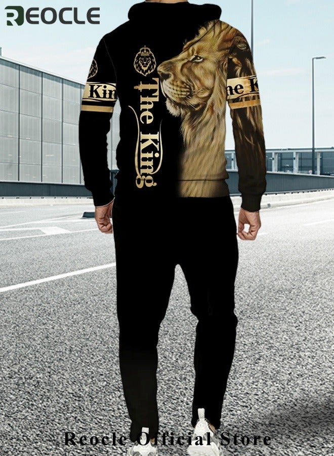 REOCLE Men's 2 Pcs Hoodie Set Sweatshirt Suit 3D Printed Long Sleeve Hoodie with Zipper Trackpant Casual Suit - Image 2