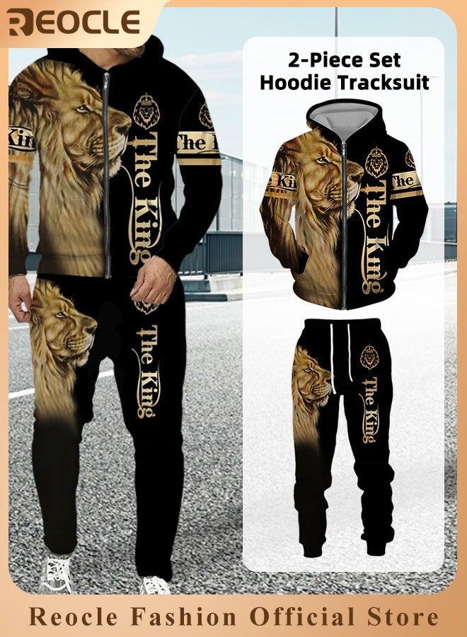 REOCLE Men's 2 Pcs Hoodie Set Sweatshirt Suit 3D Printed Long Sleeve Hoodie with Zipper Trackpant Casual Suit - Image 1