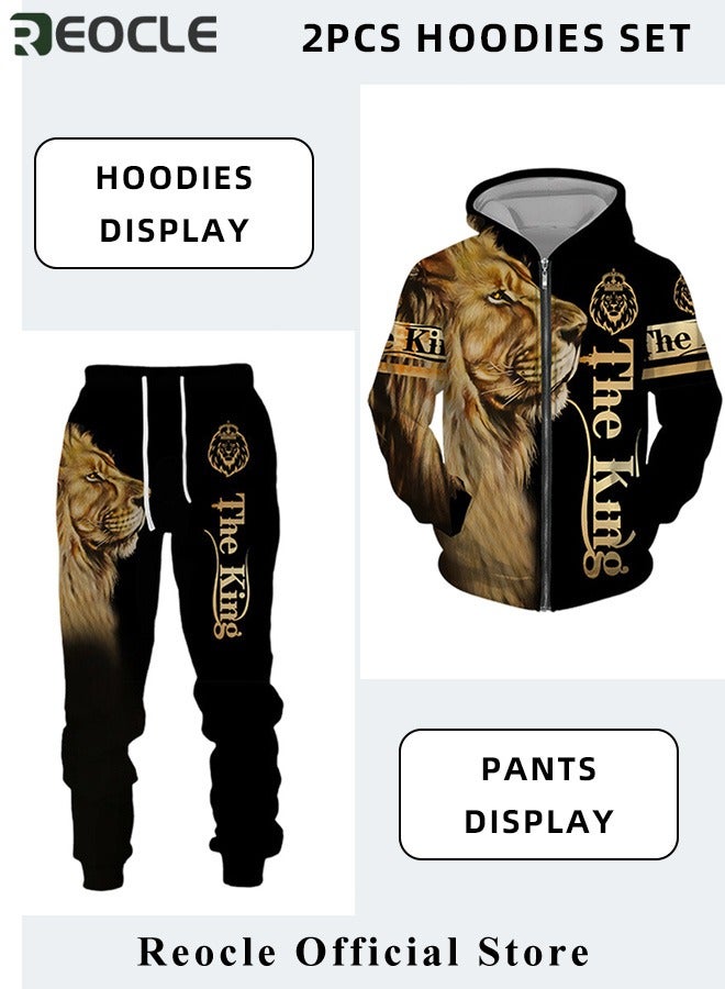 REOCLE Men's 2 Pcs Hoodie Set Sweatshirt Suit 3D Printed Long Sleeve Hoodie with Zipper Trackpant Casual Suit - Image 3