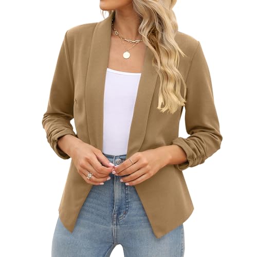 POGTMM Cardigans Professional Suit Jacket for Women 3/4 Sleeve Stretchy Blazer (Khaki, S) - Image 2