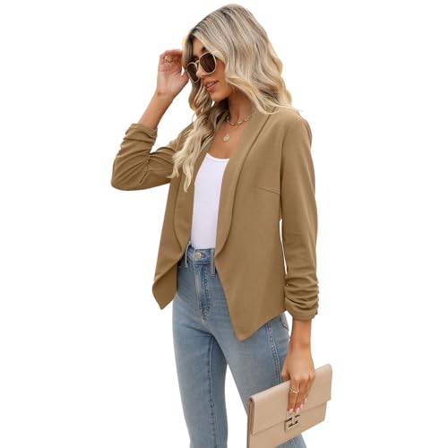 POGTMM Cardigans Professional Suit Jacket for Women 3/4 Sleeve Stretchy Blazer (Khaki, S) - Image 5