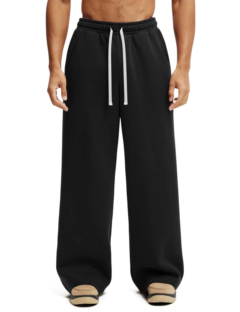 HeSaYep Men's Baggy Sweatpants Wide Leg Fleece Lined Lounge Sweat Pants Winter Thermal Cotton Athletic Pants Open Bottom Straight Leg Workout Pants with Pockets Black XXL - Image 1