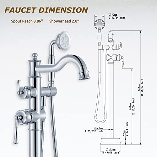 WINKEAR Freestanding Floor Mount Tub Filler with Handheld Shower Roman Bathtub Faucet by Chrome Finish, Swivel Spout with Brass Rough-in and Water Hose - Image 4