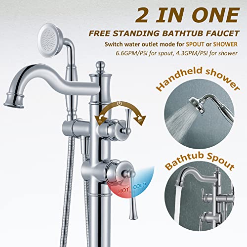 WINKEAR Freestanding Floor Mount Tub Filler with Handheld Shower Roman Bathtub Faucet by Chrome Finish, Swivel Spout with Brass Rough-in and Water Hose - Image 2