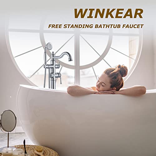 WINKEAR Freestanding Floor Mount Tub Filler with Handheld Shower Roman Bathtub Faucet by Chrome Finish, Swivel Spout with Brass Rough-in and Water Hose - Image 3