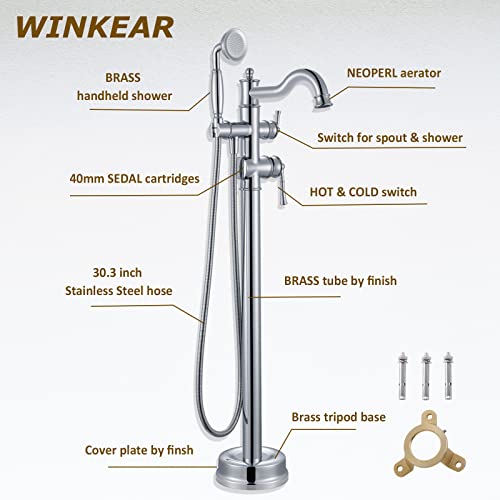 WINKEAR Freestanding Floor Mount Tub Filler with Handheld Shower Roman Bathtub Faucet by Chrome Finish, Swivel Spout with Brass Rough-in and Water Hose - Image 5