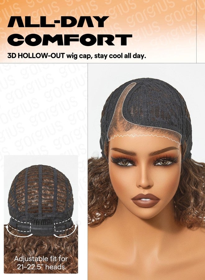 GORGIUS Shaggy Curly Wave Bob Wig Glueless Ready To Go Hd Lace Front Wigs for Women Highlight Brown Fiber Blend Human Hair 200% Density Pre Plucked Pre Cut Side Part 12 Inch - Image 5