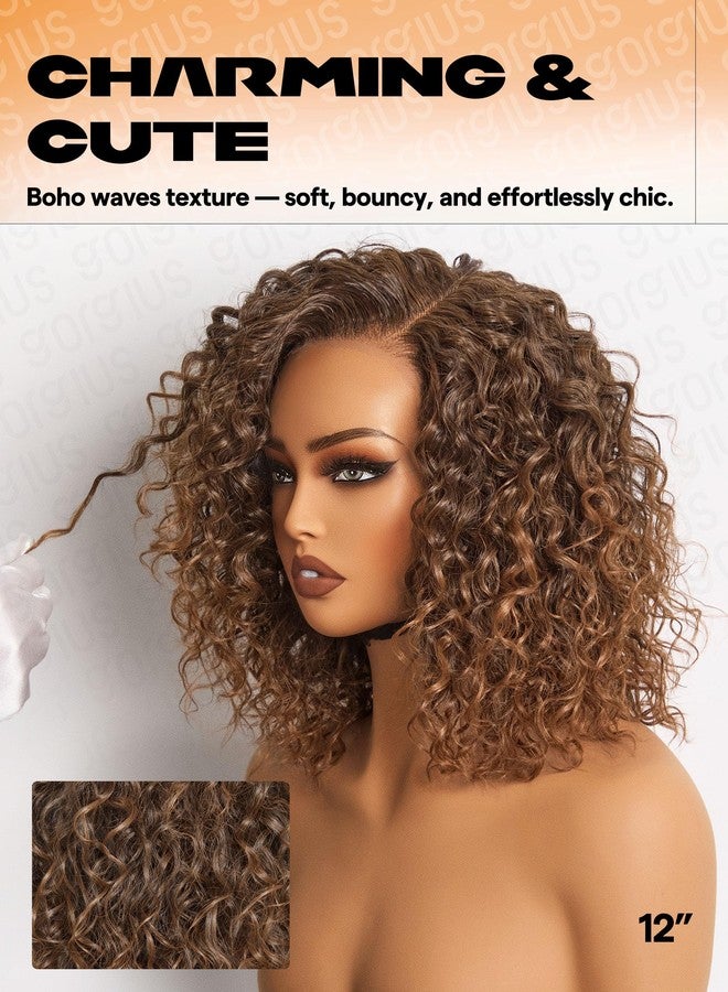 GORGIUS Shaggy Curly Wave Bob Wig Glueless Ready To Go Hd Lace Front Wigs for Women Highlight Brown Fiber Blend Human Hair 200% Density Pre Plucked Pre Cut Side Part 12 Inch - Image 4