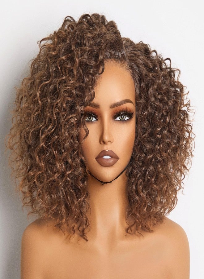 GORGIUS Shaggy Curly Wave Bob Wig Glueless Ready To Go Hd Lace Front Wigs for Women Highlight Brown Fiber Blend Human Hair 200% Density Pre Plucked Pre Cut Side Part 12 Inch - Image 1