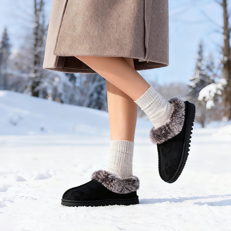 UBXRIN Womens Fuzzy Memory Foam Slippers Boots Cozy Faux Fur House Shoes Indoor Outdoor Rubber Sole Anti-Skid,Black US9-10 - Image 2