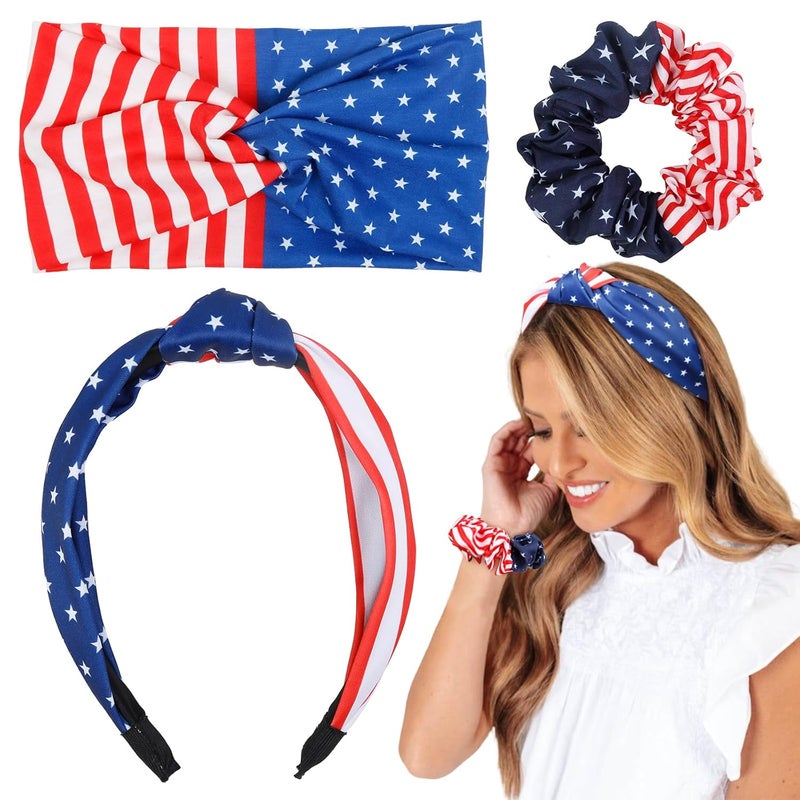 American Flag Headband Set  3 Packs Patriotic Knotted Hair Ties and Scrunchies Red White and Blue for Womens Hair Accessories