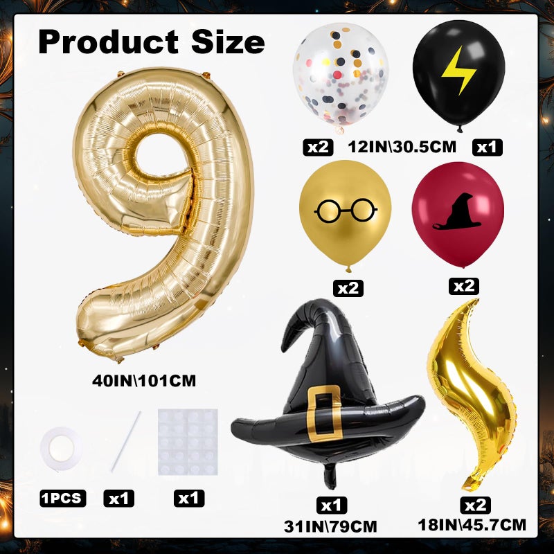 Zailo 40-inch Number Magic Wizard School Balloons, Magic Wizard Themed Party Decorations, Snitch Balloons Suitable for Magic Themed Birthdays Baby Shower Party Supplies (Number 9) - Image 2