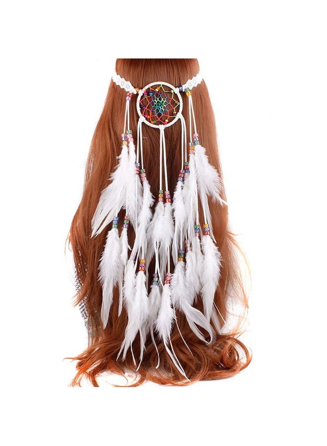 Teppylony Bohemian Feather Hair Band Dream Catcher Hippie Indian National Style Headband Headwear Halloween Party Decoration Hair Accessory (White) - Image 1