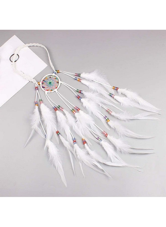 Teppylony Bohemian Feather Hair Band Dream Catcher Hippie Indian National Style Headband Headwear Halloween Party Decoration Hair Accessory (White) - Image 2