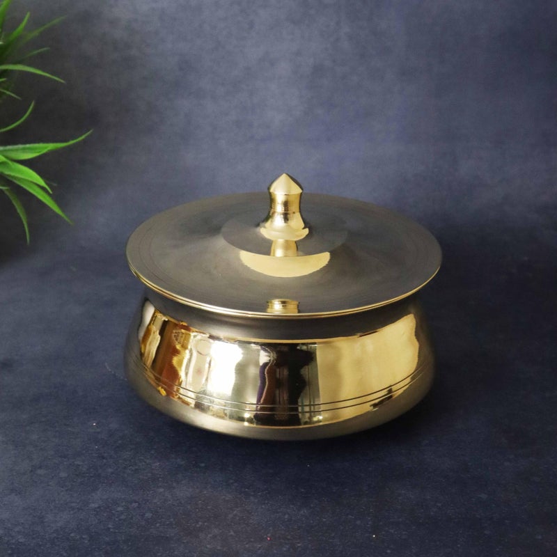 Spillbox Putrika Brass Kitchen Appliances Cooking Serving Pot Pan|Biryani Handi|Urli|Serveware|Tope |Patila|Cookware Bowl|Cooking Bowl Set with Lid[Weight: 1.06Kg]- Kansya Handi - Image 2