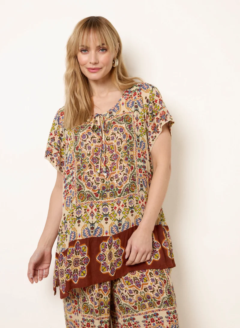 بلو فانيلا Paisley Print Embellished Tie Front Top