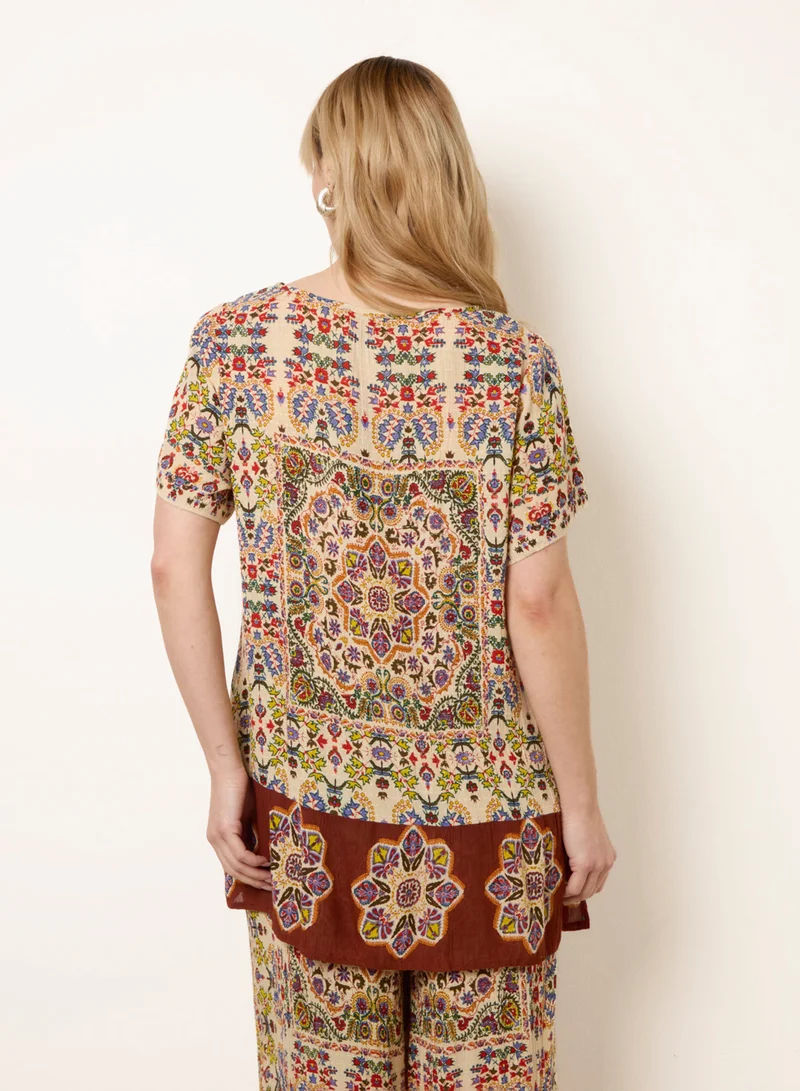 بلو فانيلا Paisley Print Embellished Tie Front Top