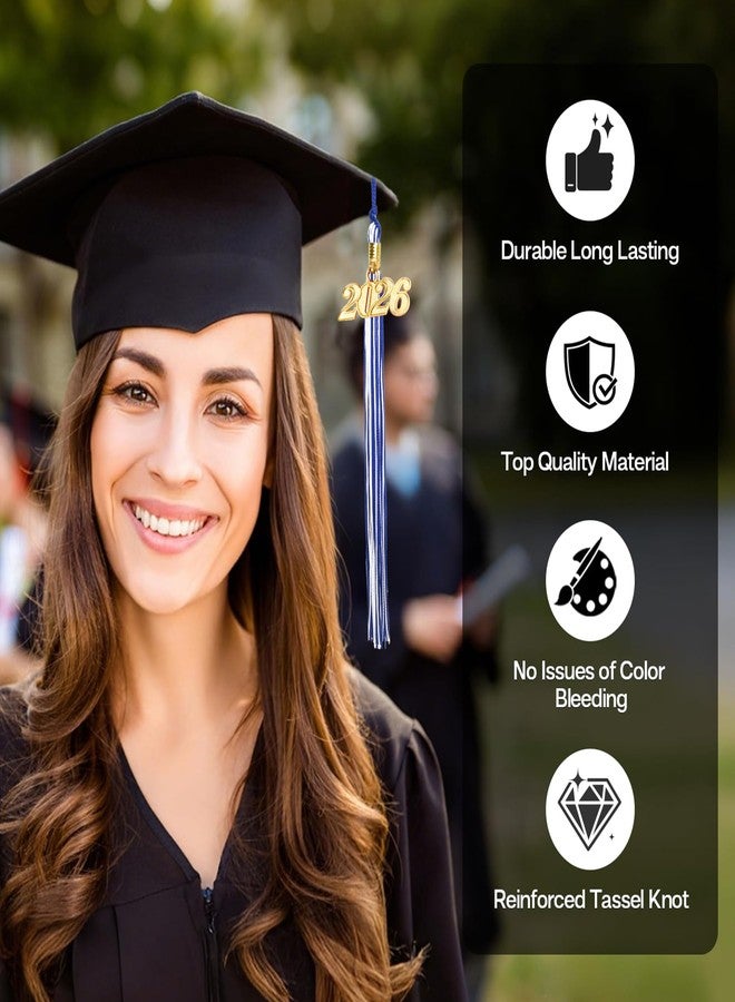 شرابات تخرج 2026، شرابات لقبعة التخرج 2026، زينة قبعة التخرج بشرابة زرقاء وبيضاء مع تعليقات ذهبية، خيوط تذكارية، إكسسوارات لحفلات التخرج، هدايا تذكارية لخريجي المدارس - Image 2