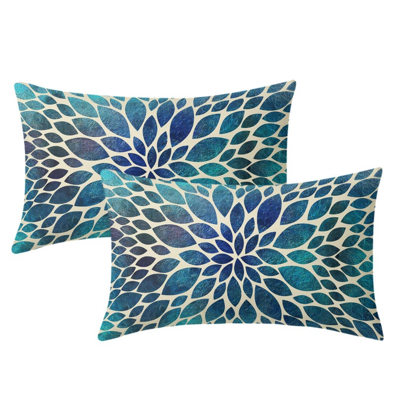 Spring Teal Dahlia Pillow Covers 12X20 In Navy Blue Teal Floral Lumbar Pillow Cases Modern Abstract Recgantle Throw Pillows Set Of 2 Summer Home Decor For Living Room Bedroom Bed Cushion Outdoor