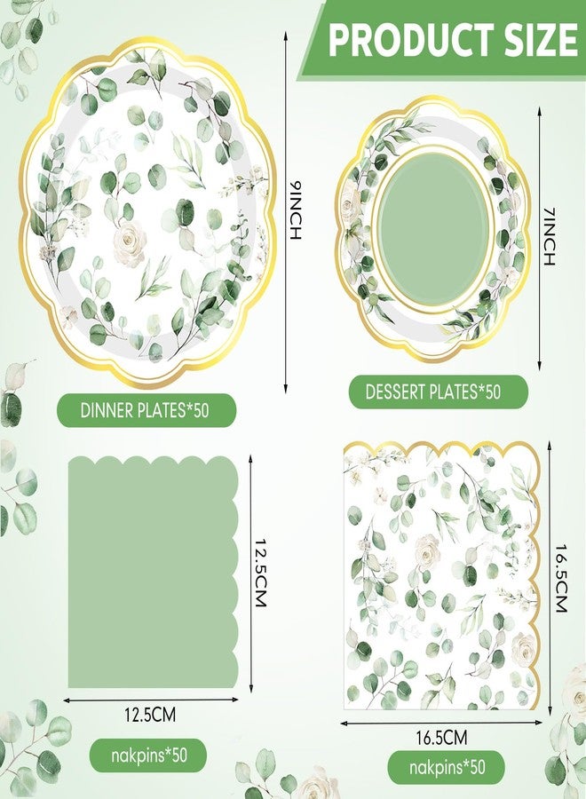Funnymoom 200 Pcs Eucalyptus Party Supplies Kit Sage Green Disposable Paper Dinner Dessert Plates Luncheon Napkins and Beverage Napkins for Birthday Baby Shower Bridal Shower Wedding Party 50 Guests - Image 2