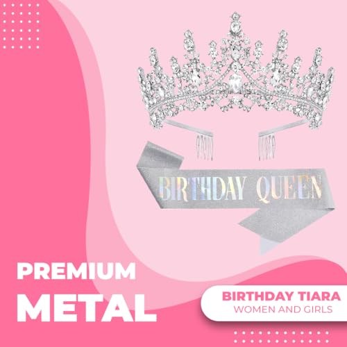 Papoopy Birthday Tiara Crown with Sash for Women, Headband Hair Accessories for Wedding Party Costume Silver - Image 2